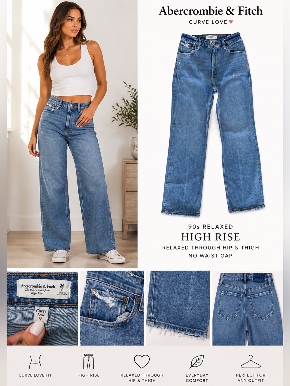 Abercrombie Curve Love 90s Relaxed Jean Womens 26 Short High Rise Wide Leg Denim